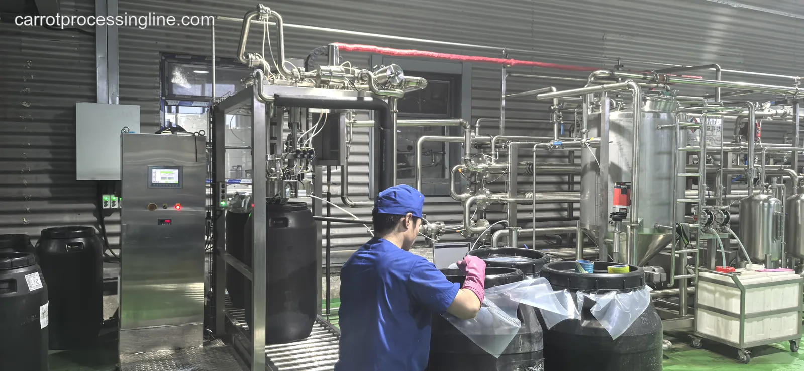 Operator handling bag-in-drum containers at a carrot puree filling station