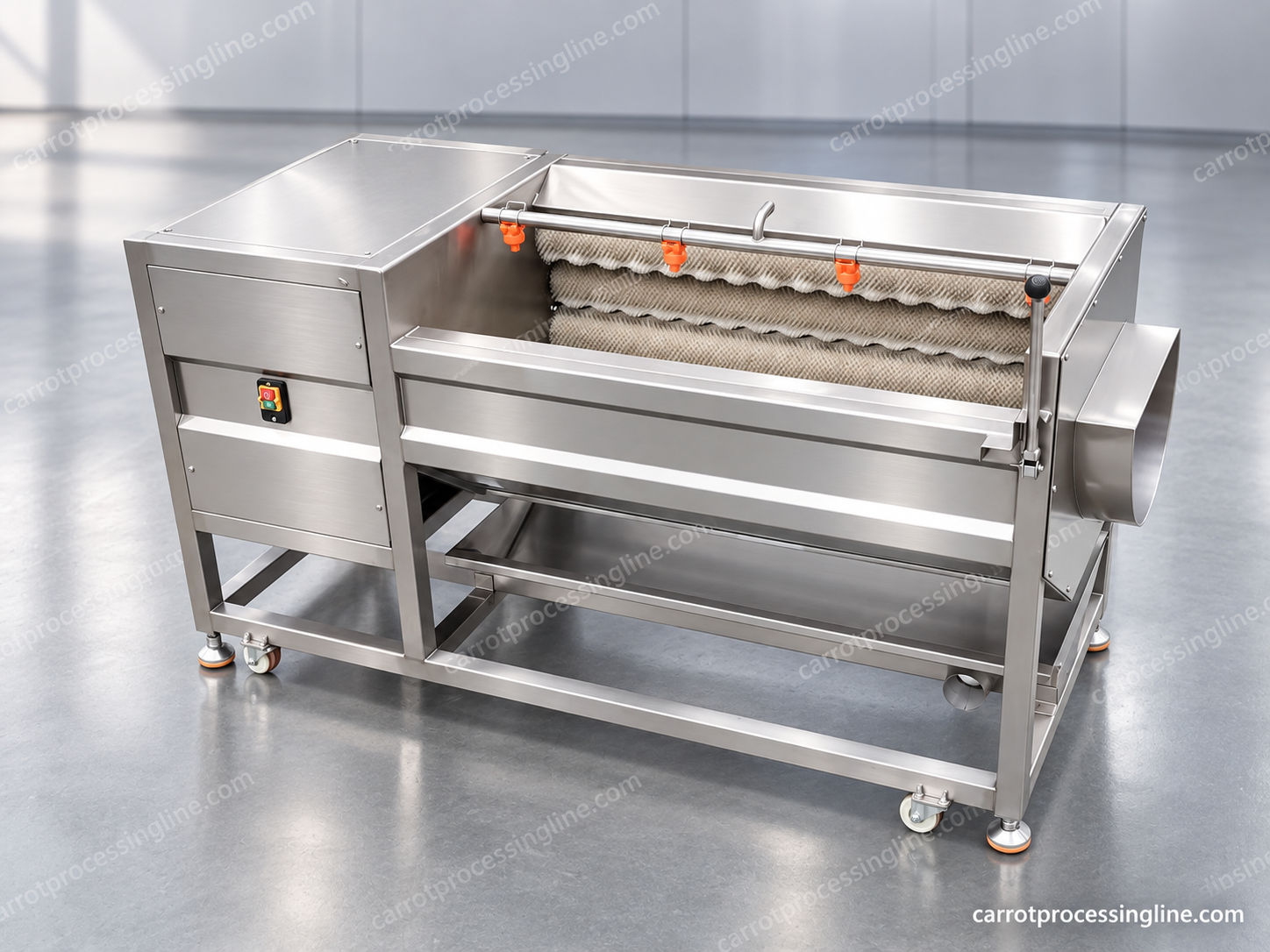 Root brush washer with spray bar and brush rollers